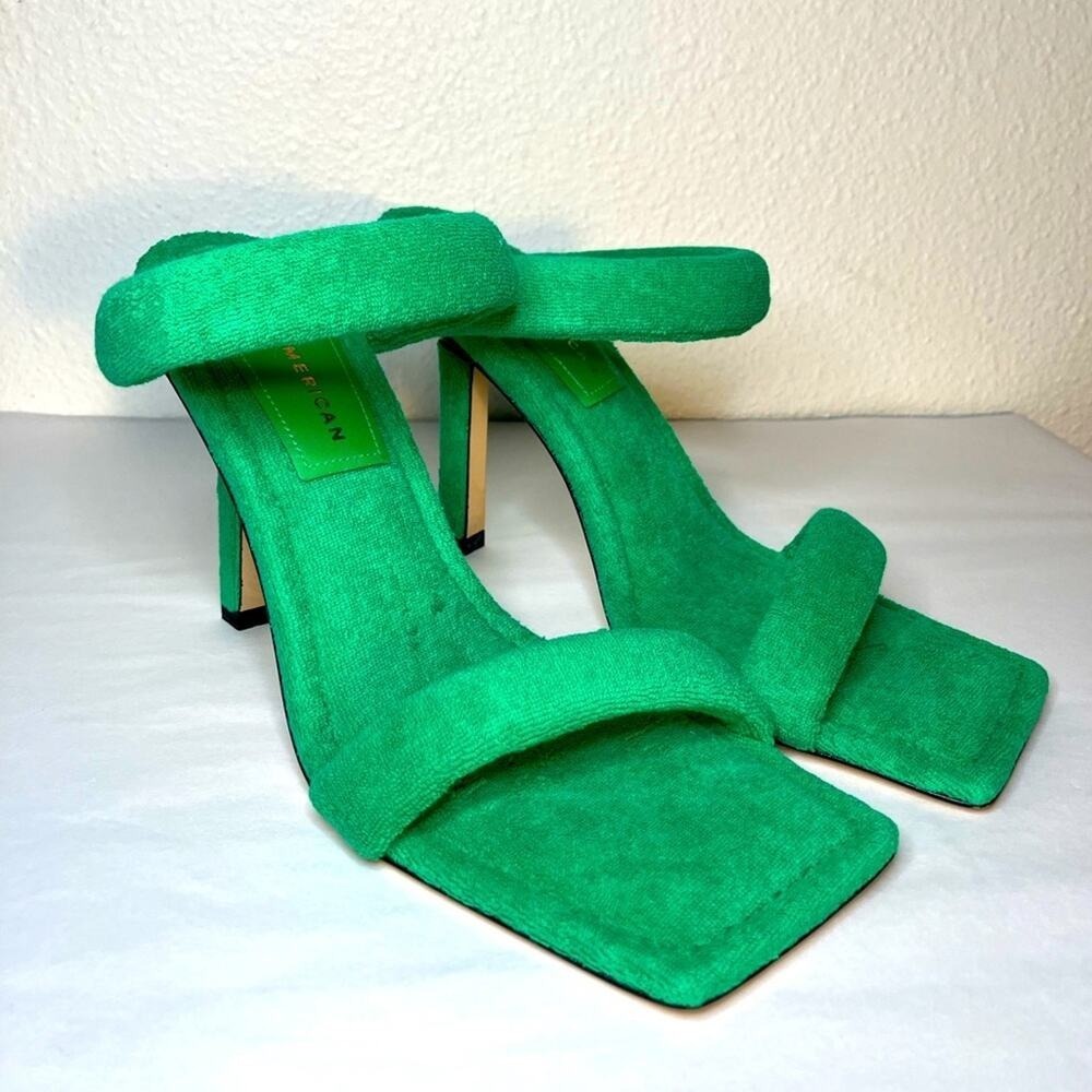 Good American Vibrant Green Double-Strap Square Toe Block Heels